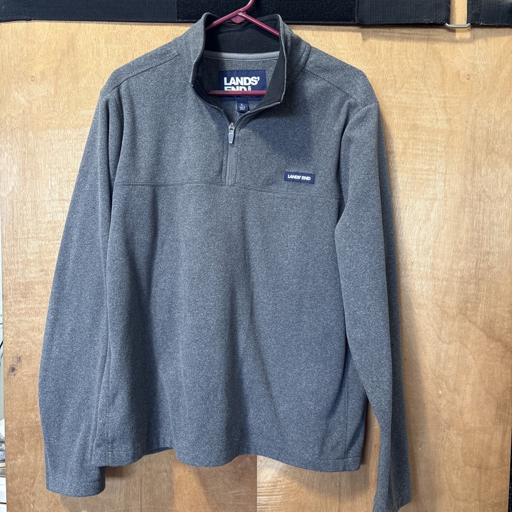 Lands' End Men's L Regular Gray Fleece Polyester 1/4 Zip Mock Neck Logo Pullover